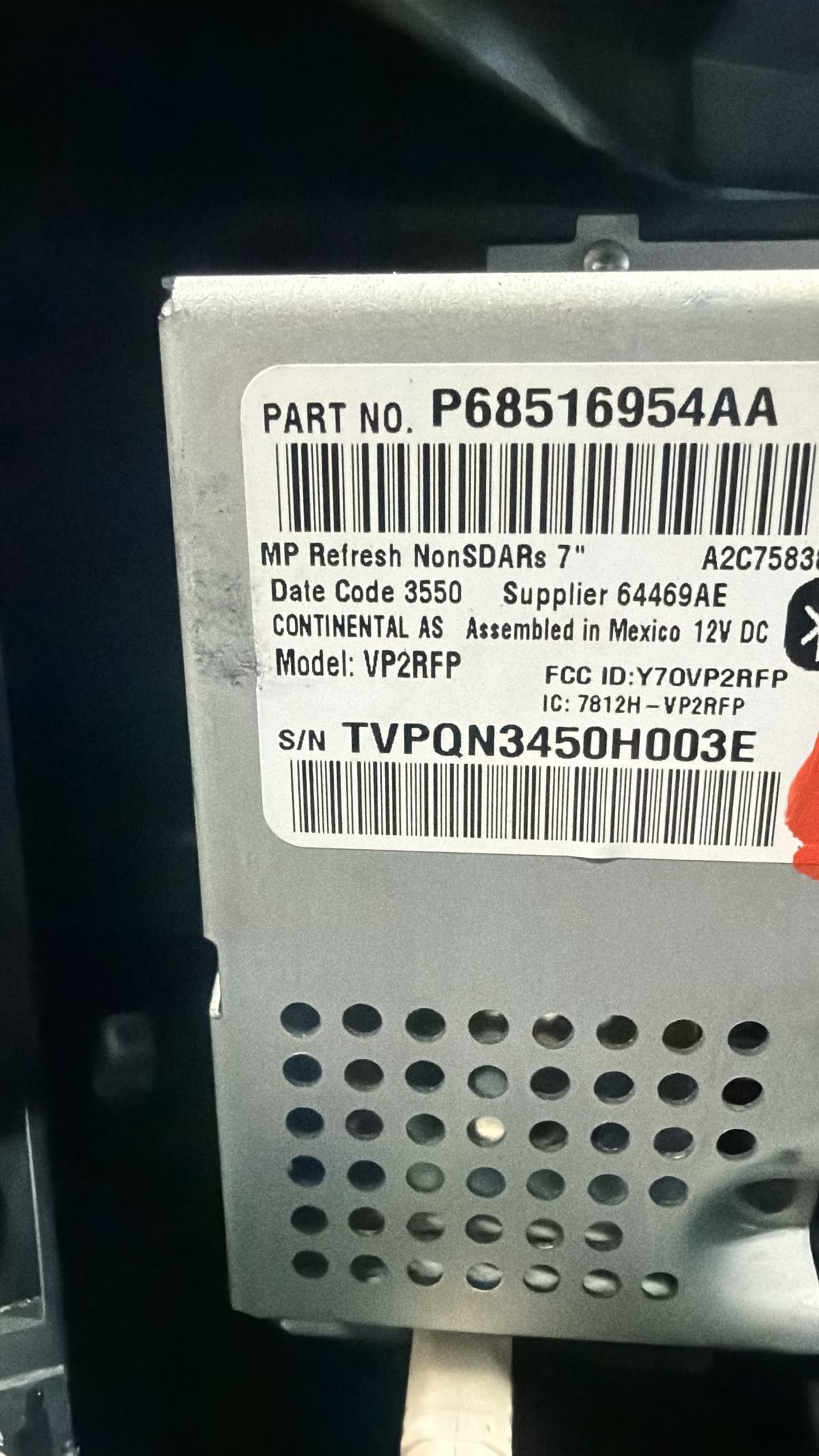 Jeep Wrangler / Compass Uconnect 4 VP2RFP radio label with part number P68516954AA and the TVPQN serial number